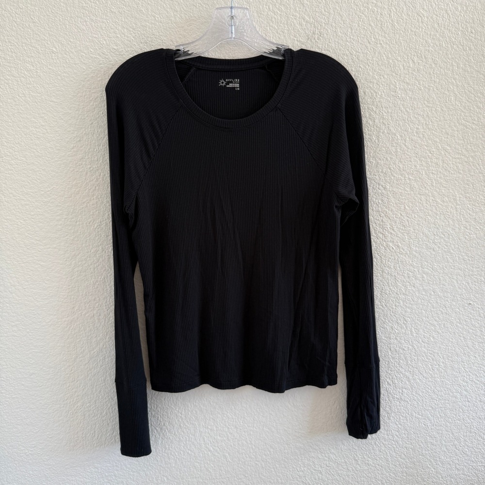 Aerie Offline Black Ribbed Long Sleeve Thumbhole Top Large